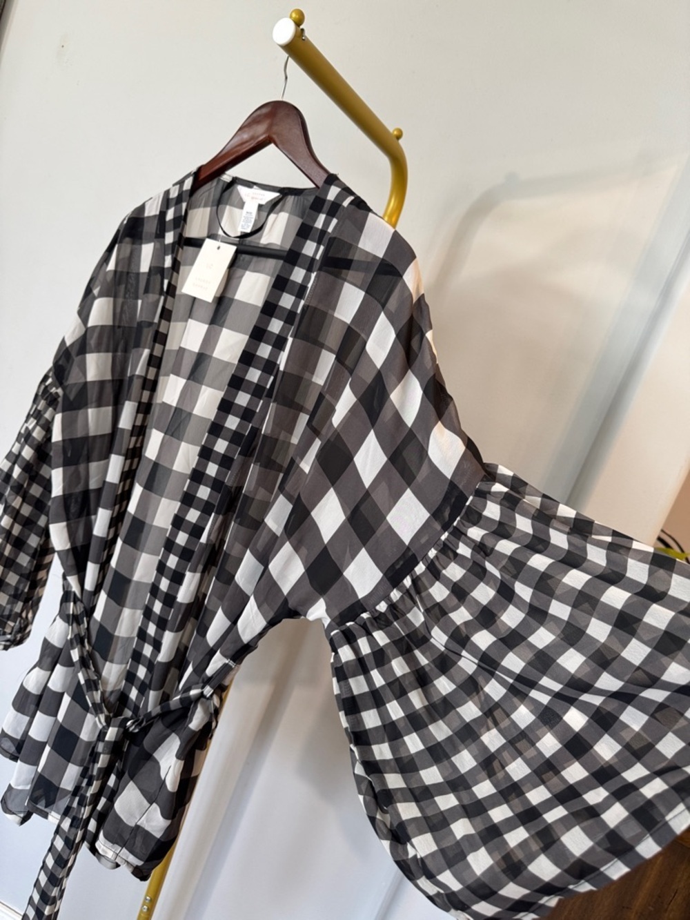 LC Lauren Conrad Black and White Gingham Open sheer Cardigan one size - Picture 5 of 11